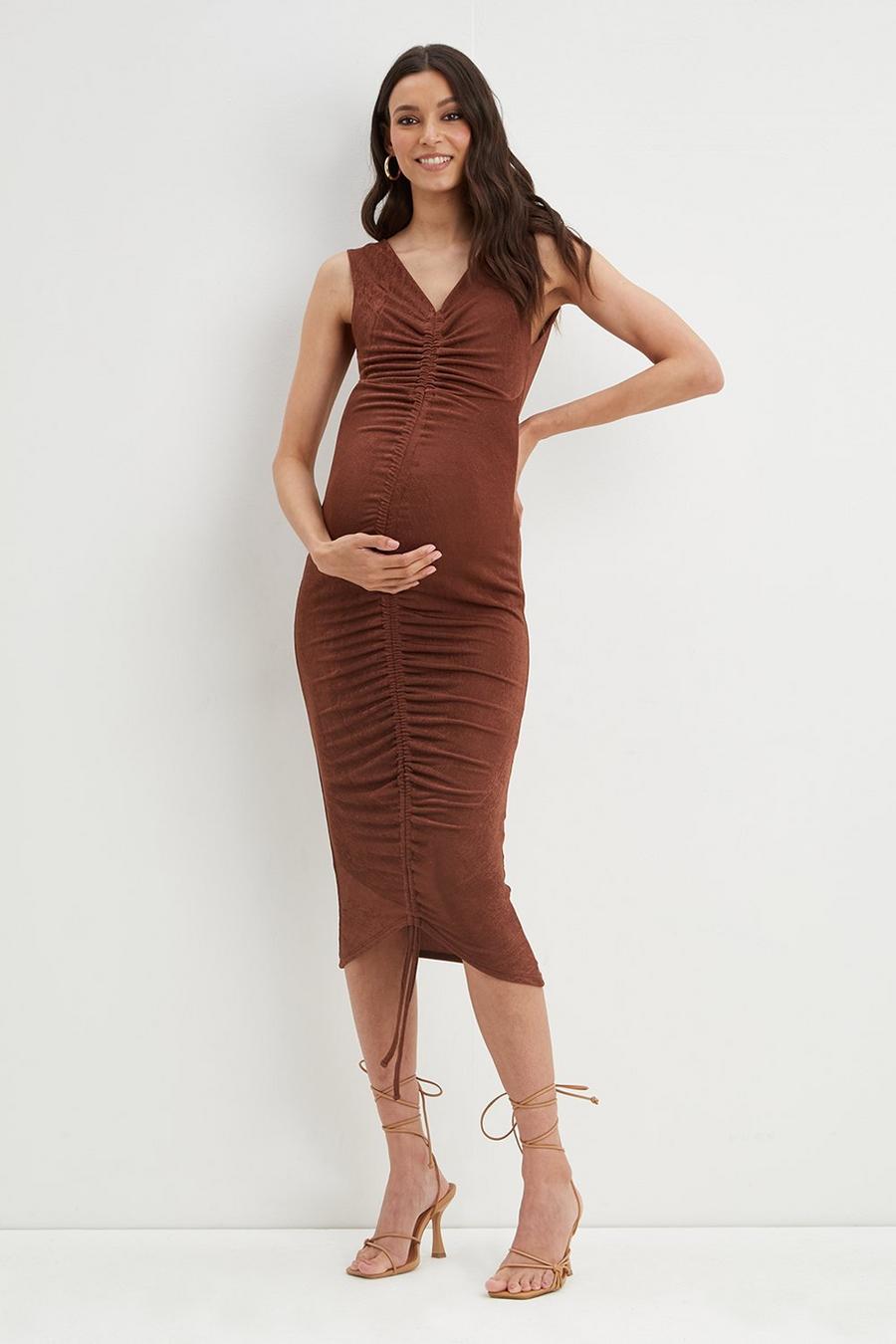 Maternity Brown Ruch Front Bodycon Midi Dress