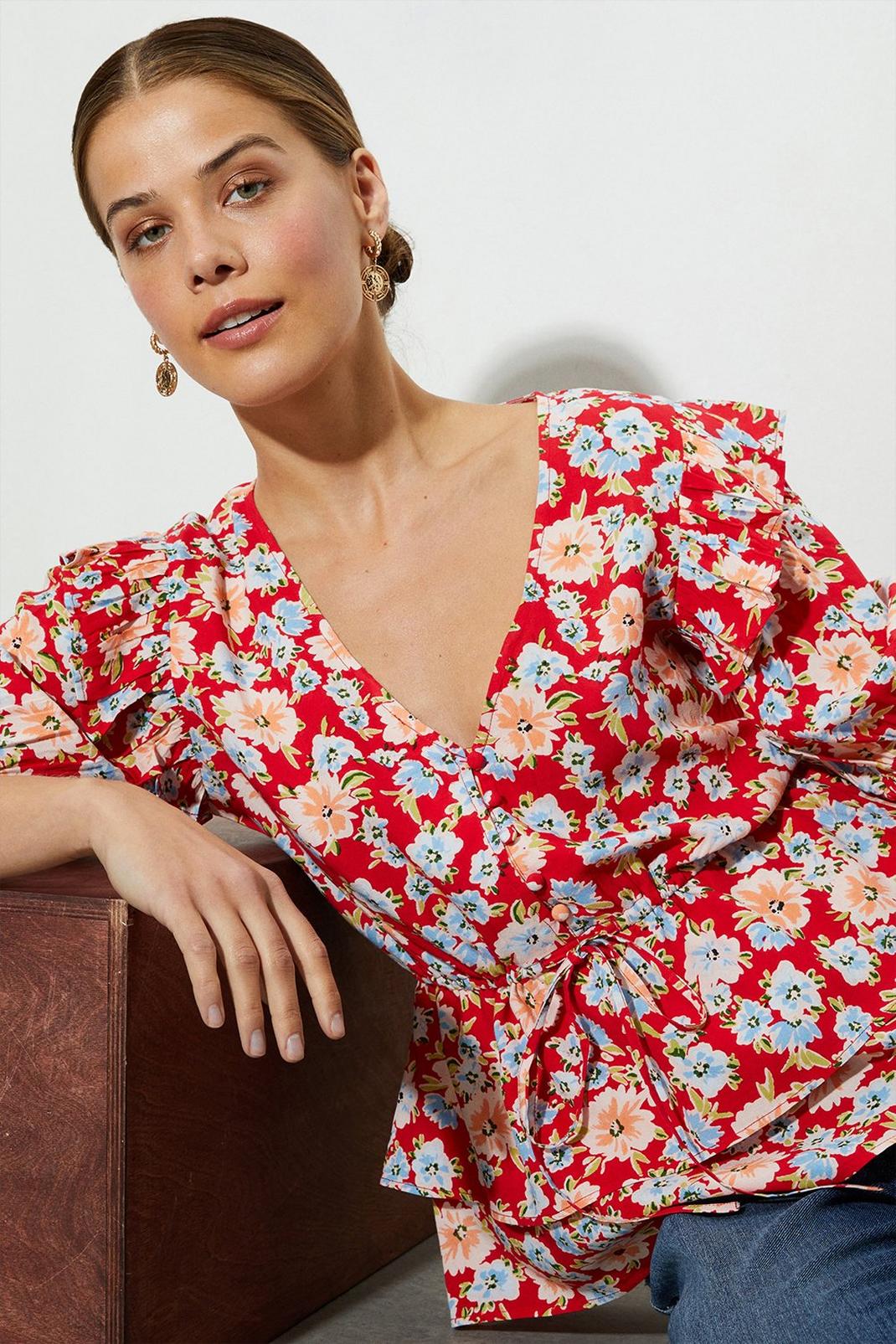 Red Floral Button Through Peplum Blouse image number 1