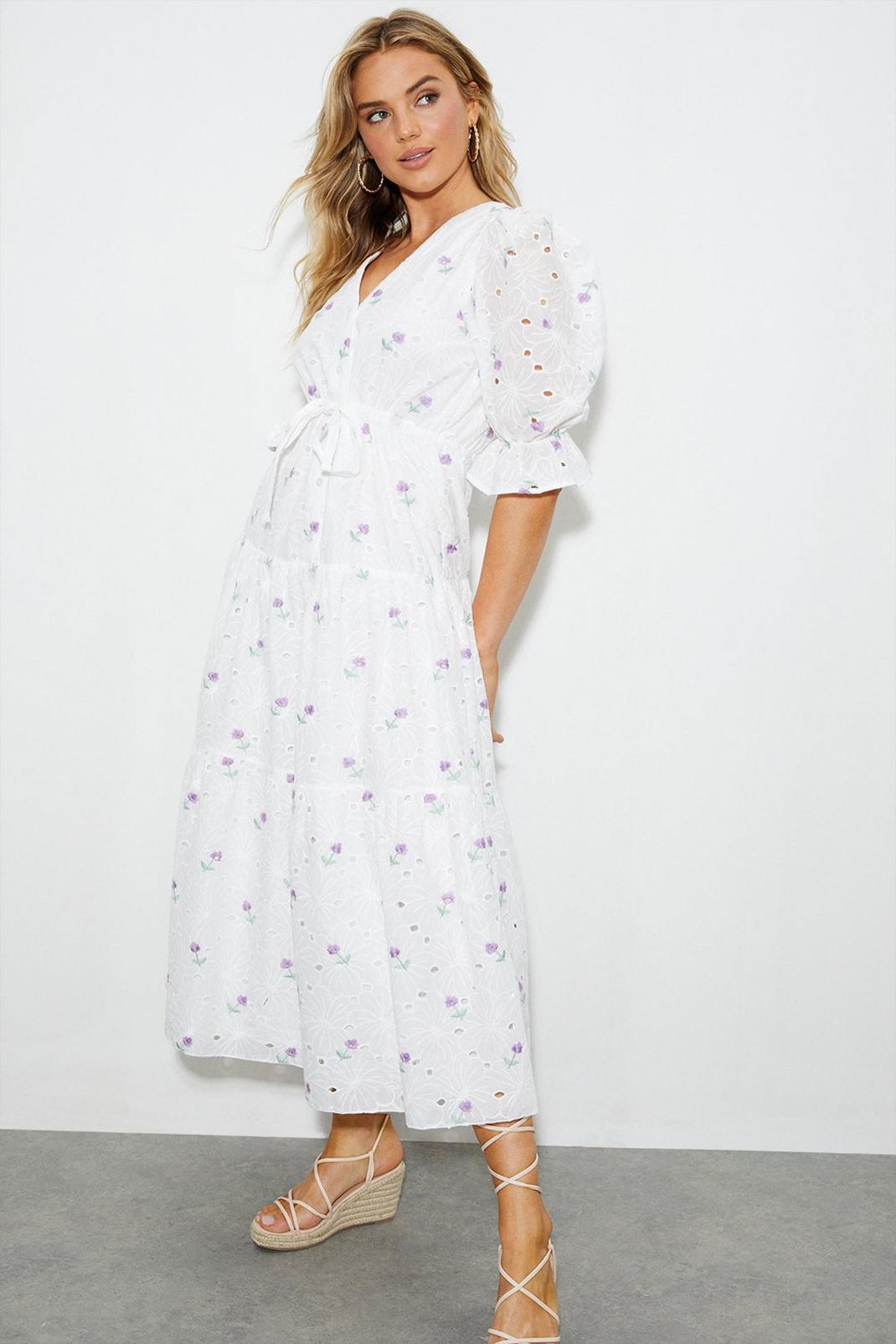 Ivory Lilac Embroidered Broderie Midi Shirt Dress image number 1