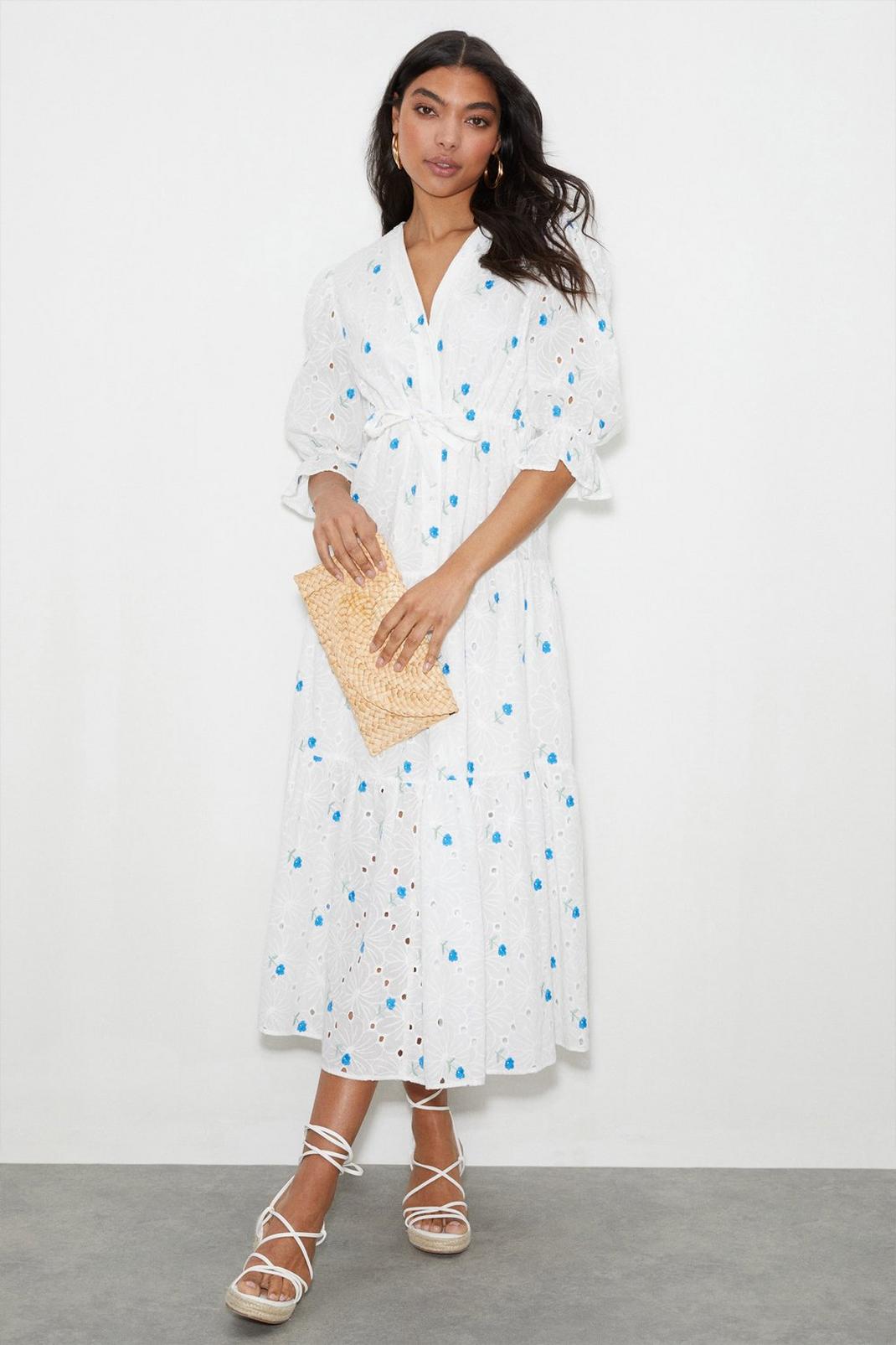 Ivory Danni Blue Embroidered Broderie Midi Shirt Dress image number 1