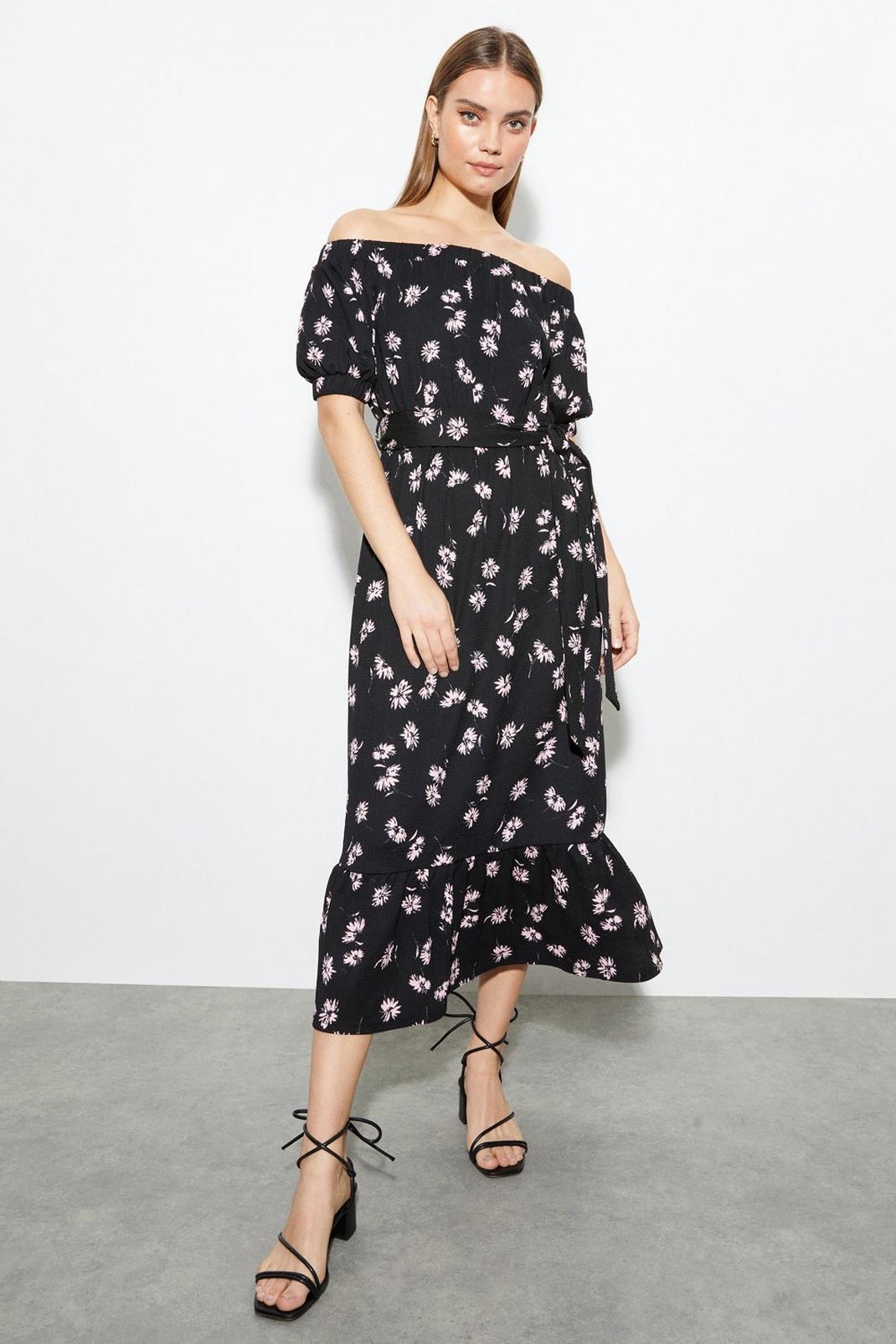 Black Floral Textured Bardot Midi Dress image number 1