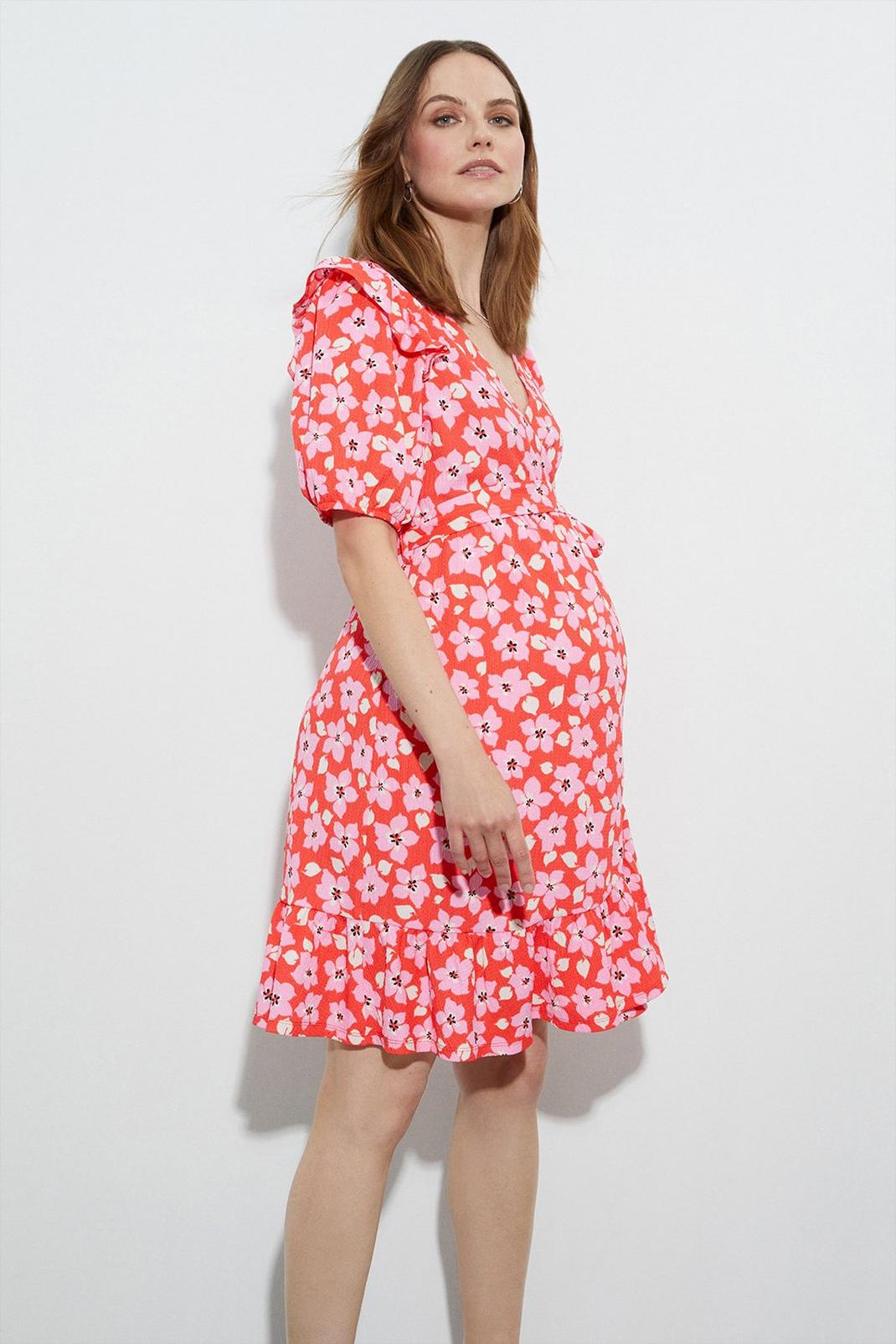 Maternity Red Ditsy Ruffle Wrap Mini Dress image number 1