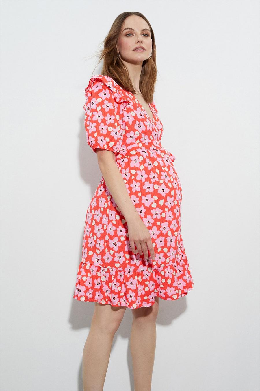 Maternity Red Ditsy Ruffle Wrap Mini Dress