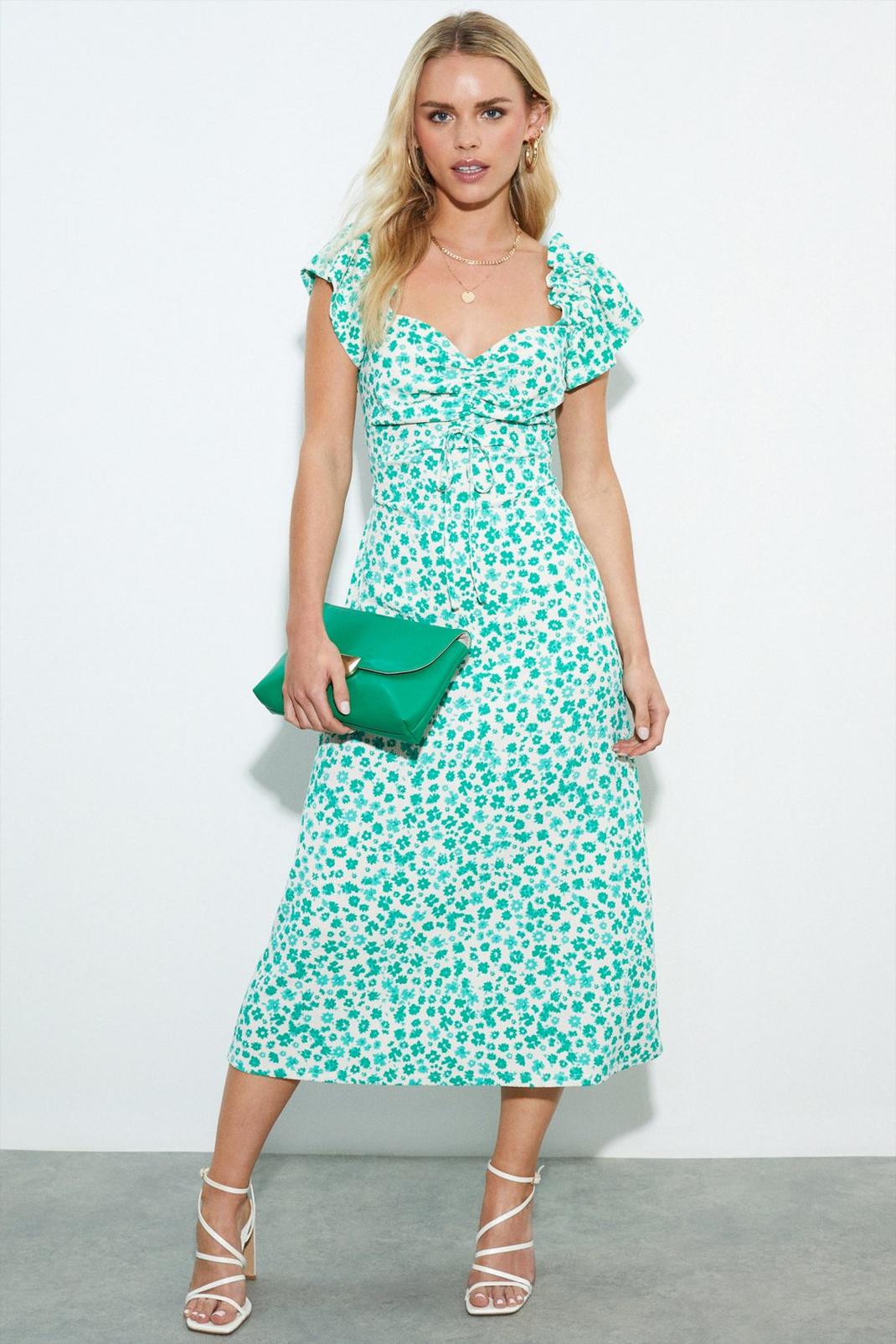 Petite Green Ditsy Ruched Front Midi Dress image number 1