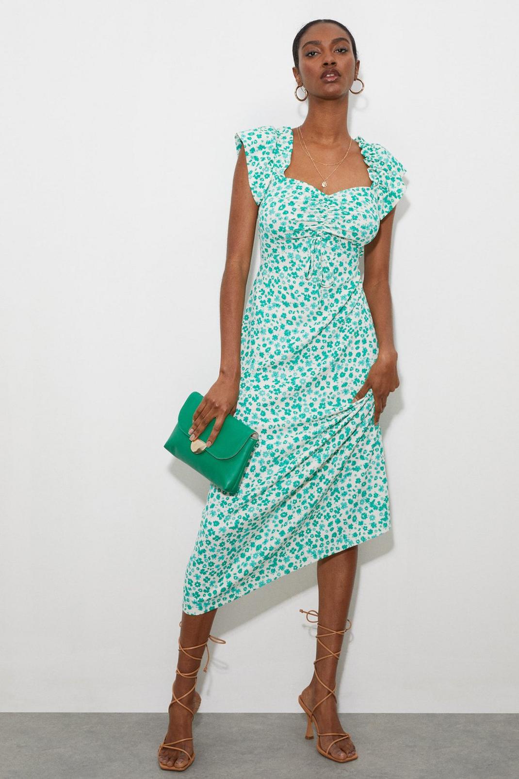 Tall Green Ditsy Ruch Front Strappy Midi Dress image number 1