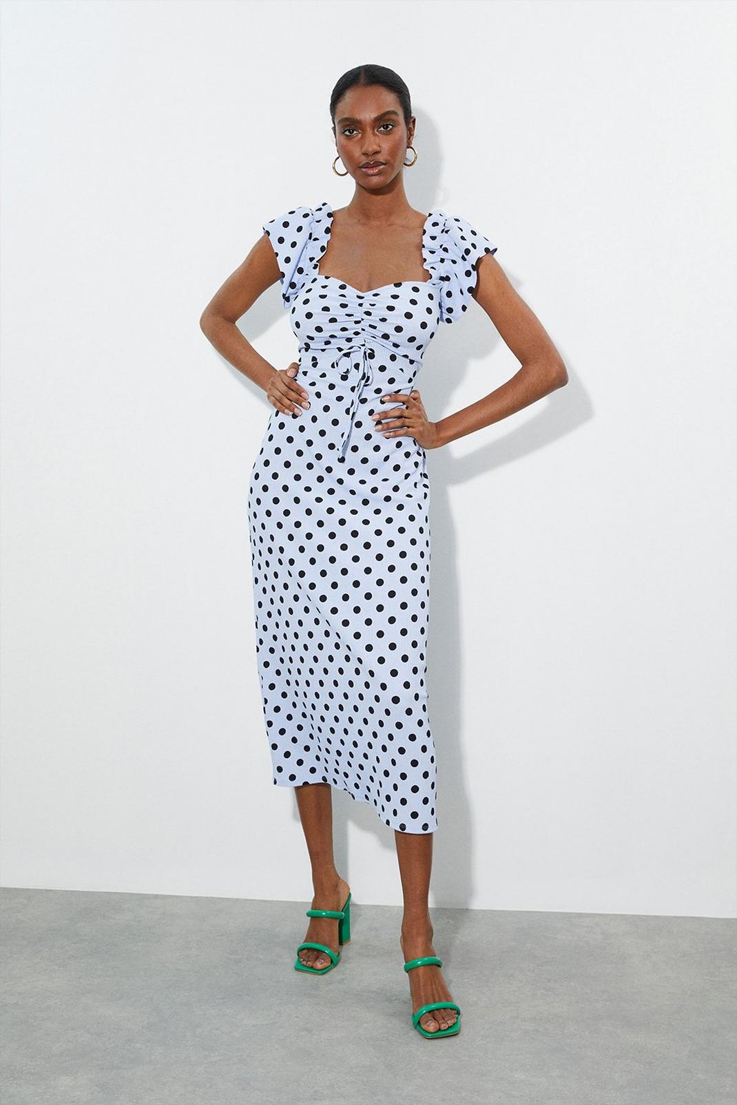 Tall Blue Spot Ruch Front Strappy Midi Dress image number 1