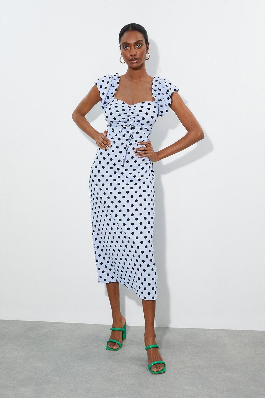 Tall Blue Spot Ruch Front Strappy Midi