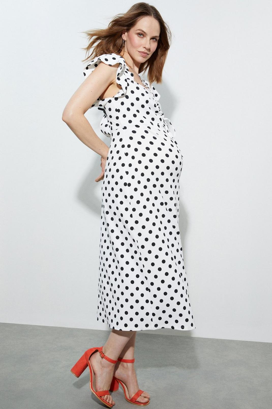 Maternity Ivory Spot Ruch Front Strappy Midi image number 1