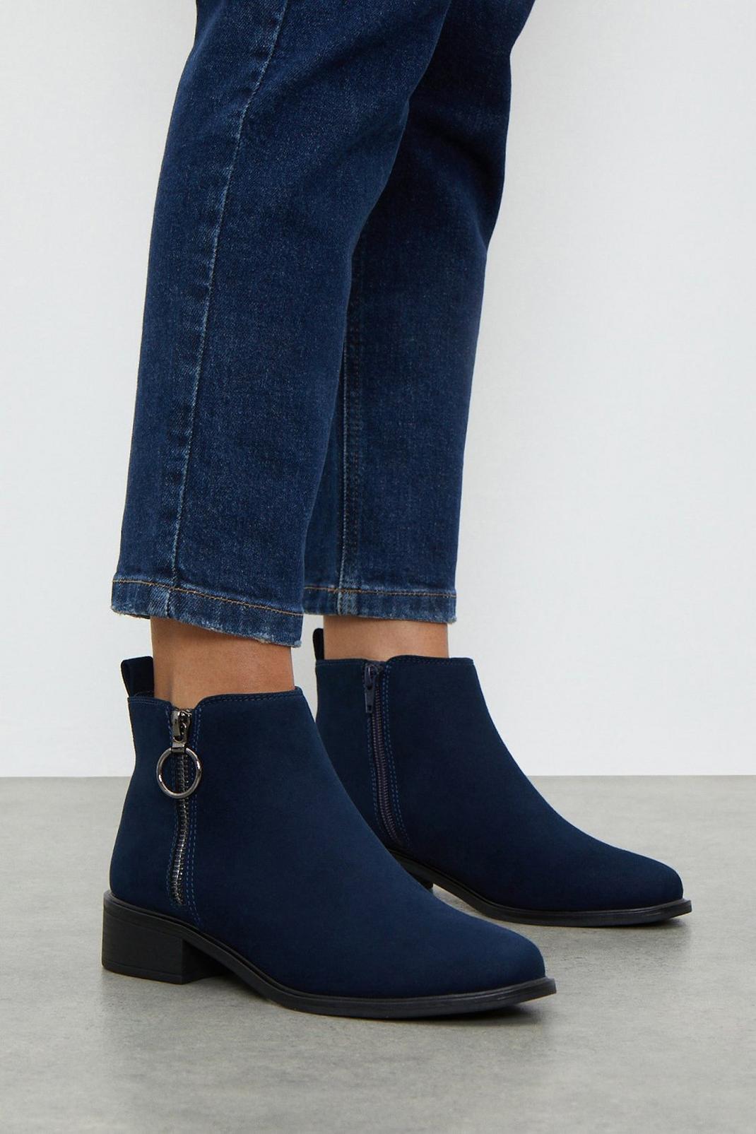Navy Wide Fit Memphis Side Zip Ankle Boots image number 1