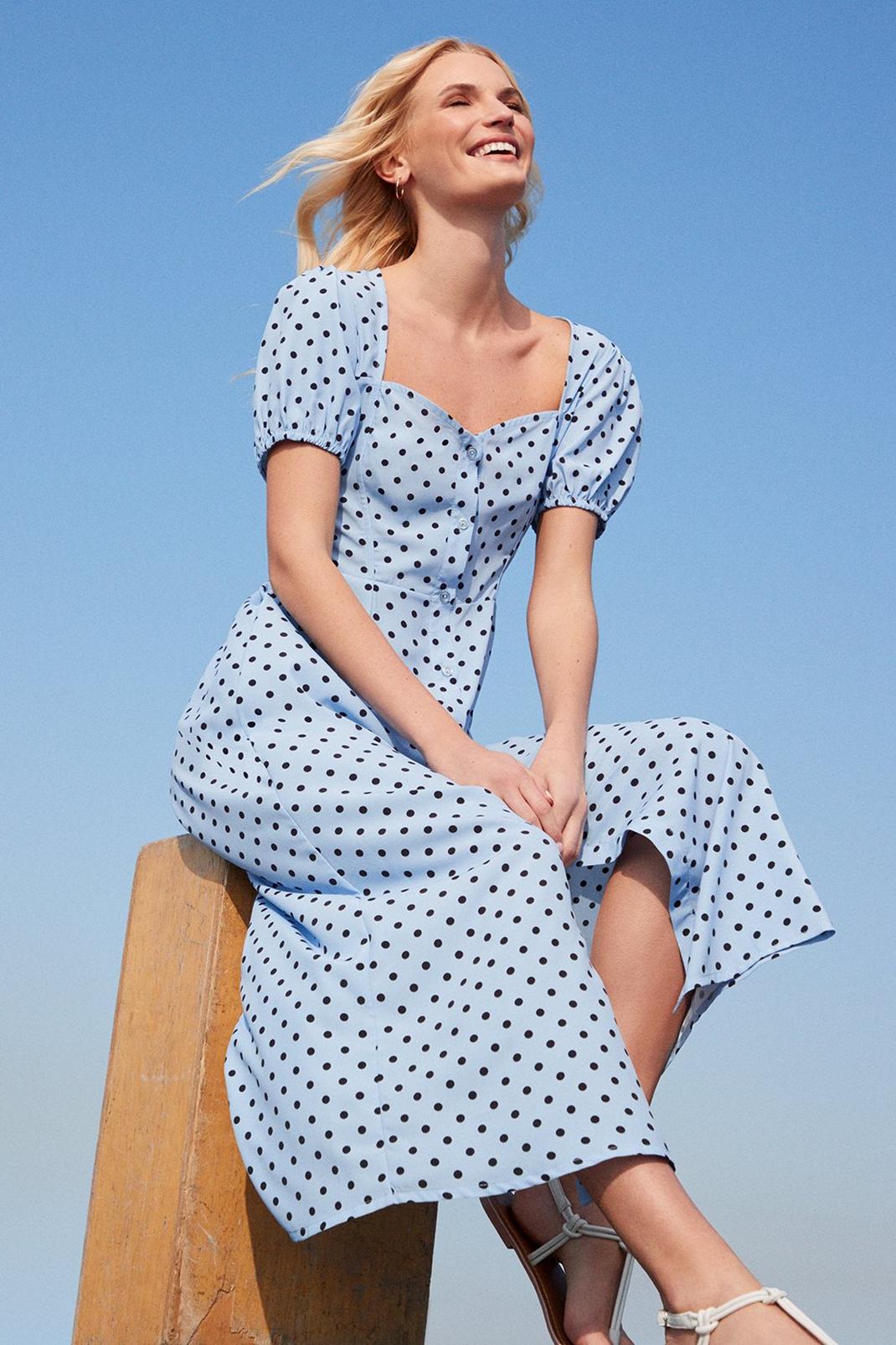 Blue Kitty Spot Button Through Fit Flare Midi Dress  image number 1