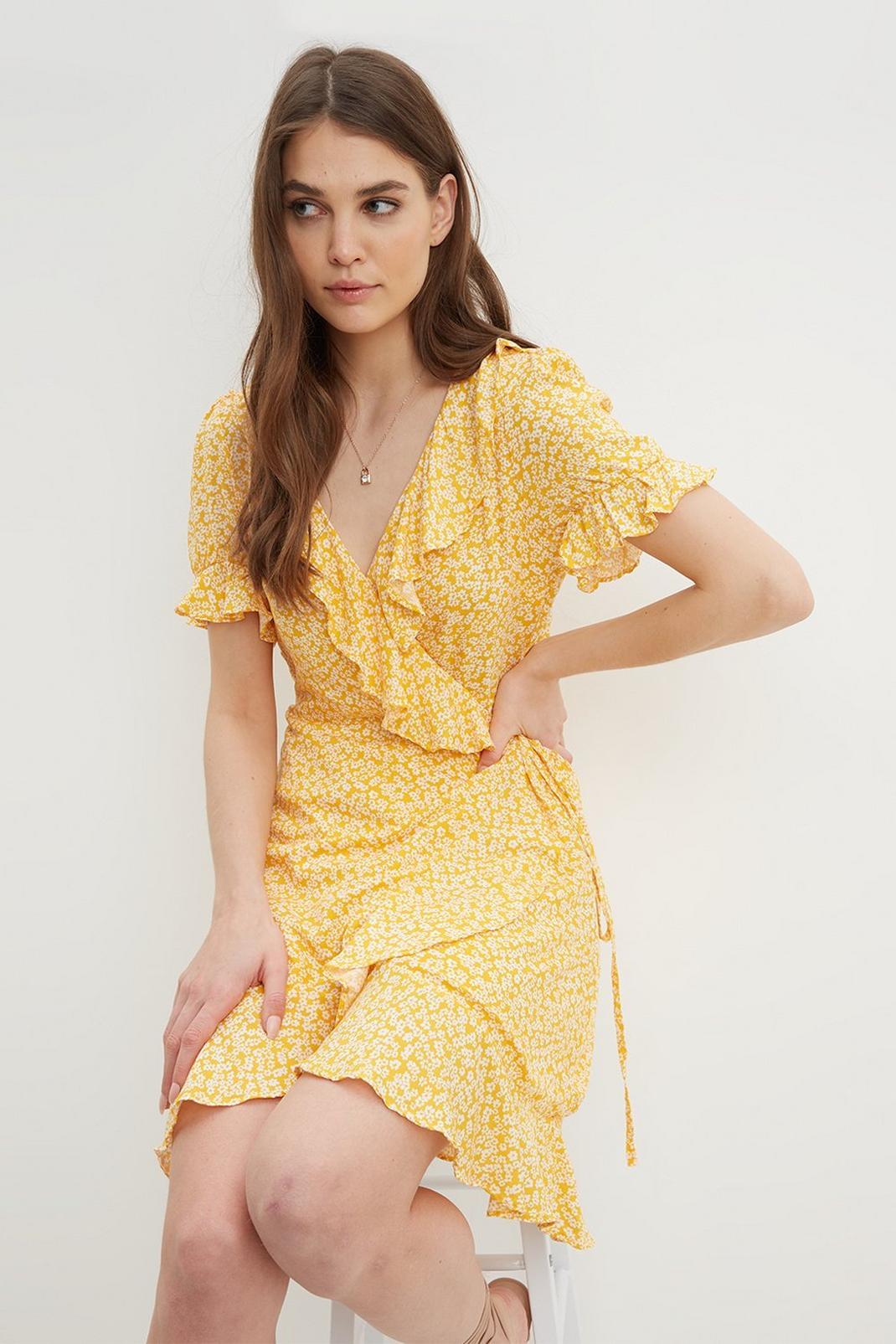 Yellow Wrap Front Mini Dress image number 1