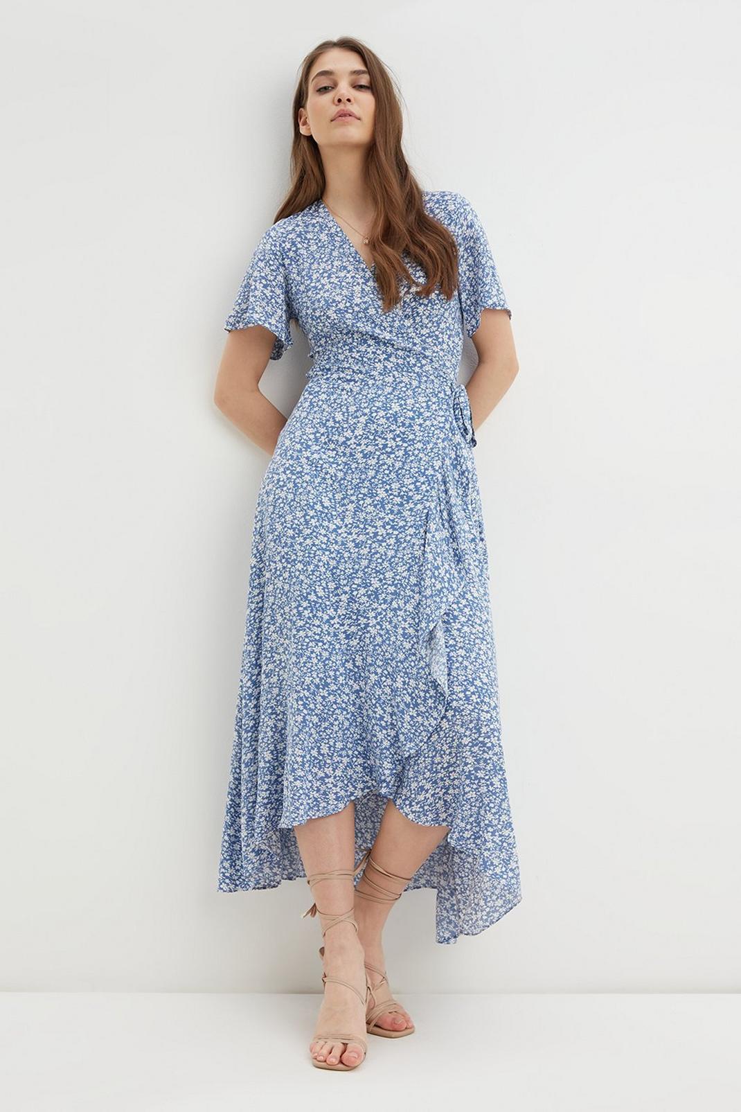 Blue Ditsy Floral Wrap Midi Dress | Dorothy Perkins UK