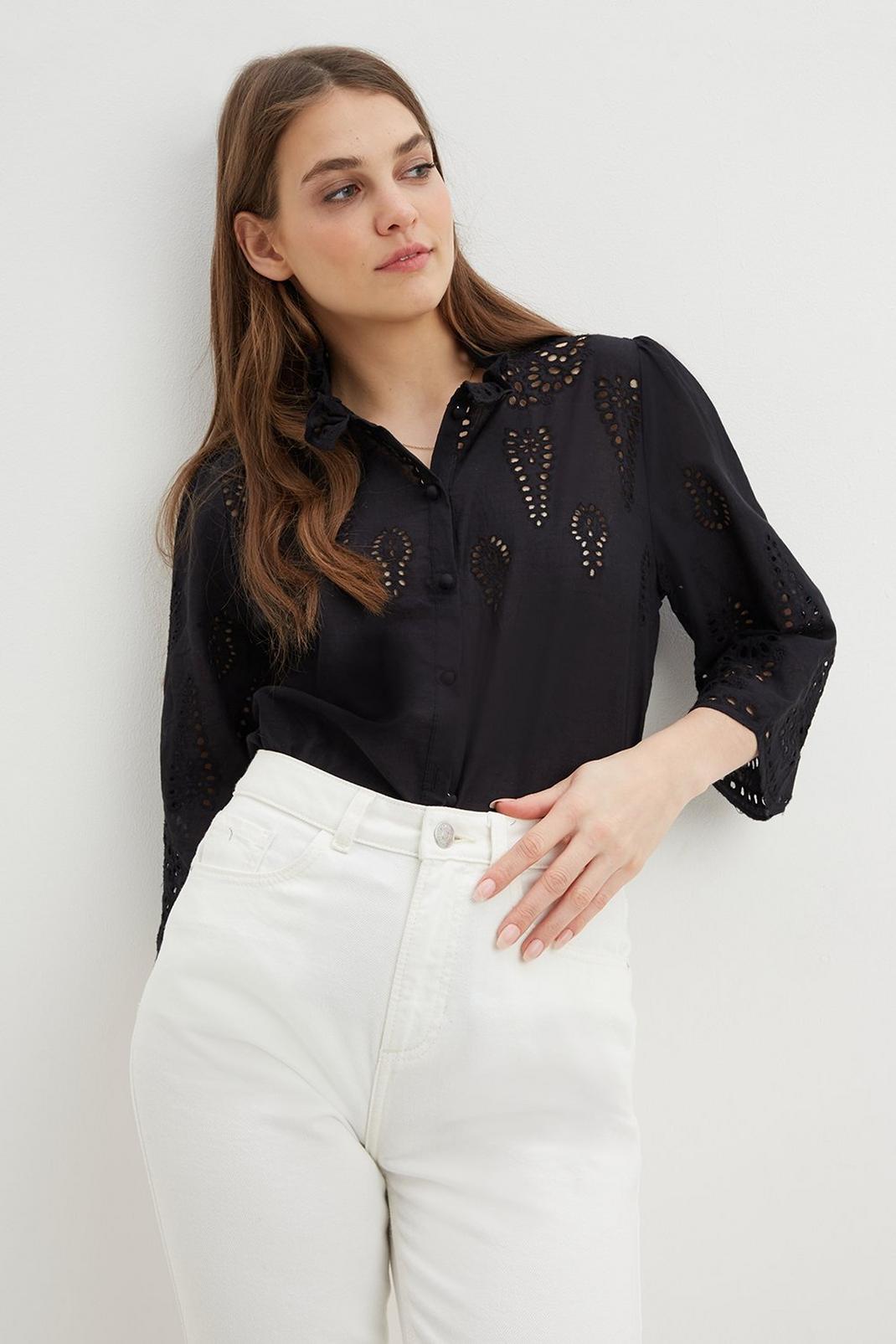 Black Broderie Button Blouse image number 1
