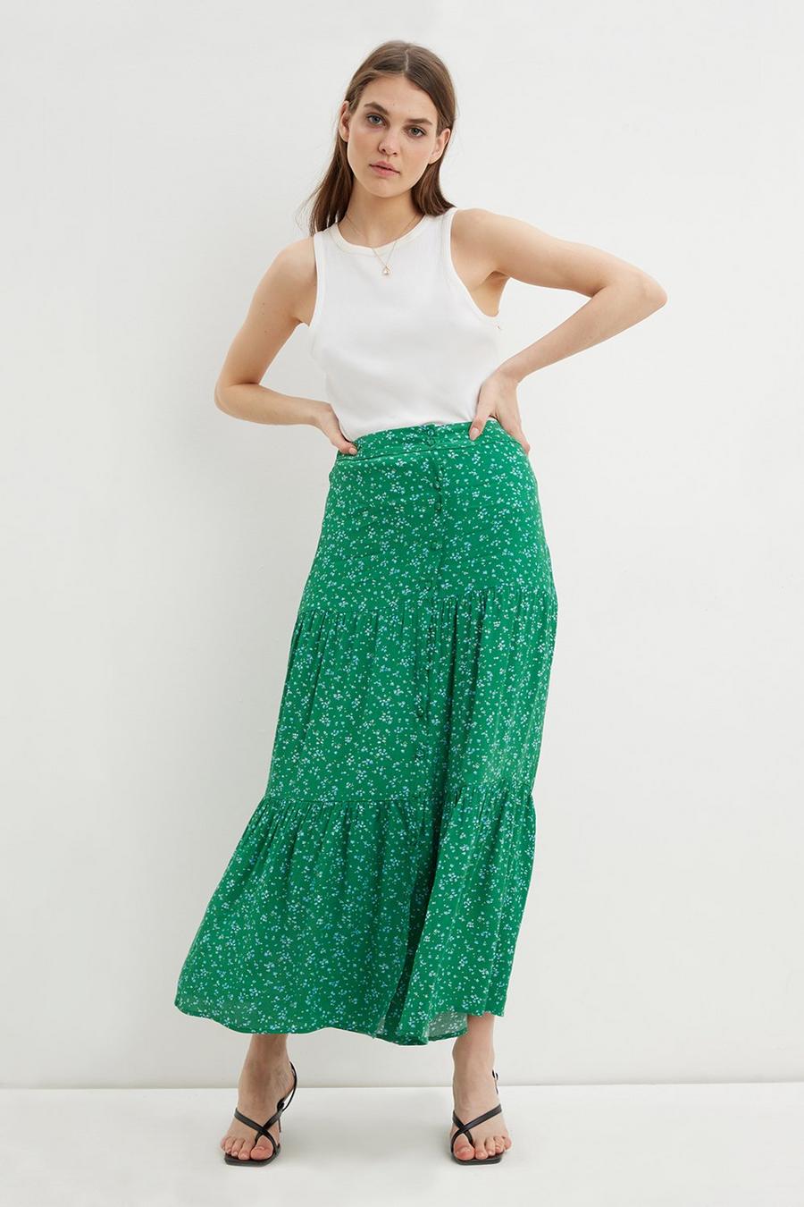 Green Floral Button Through Tiered Midi Skirt