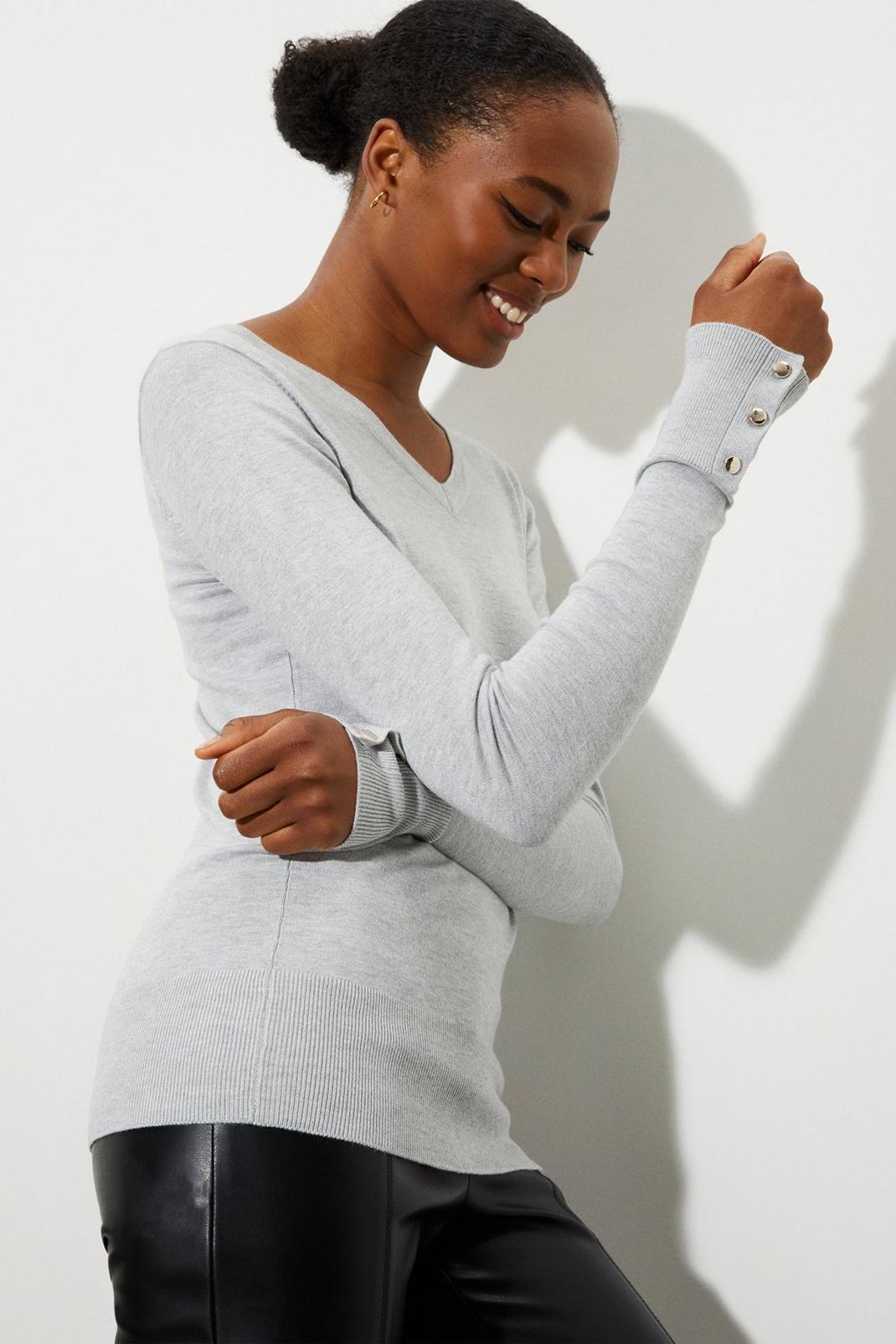 Grey Tall V Neck Button Cuff Jumper image number 1