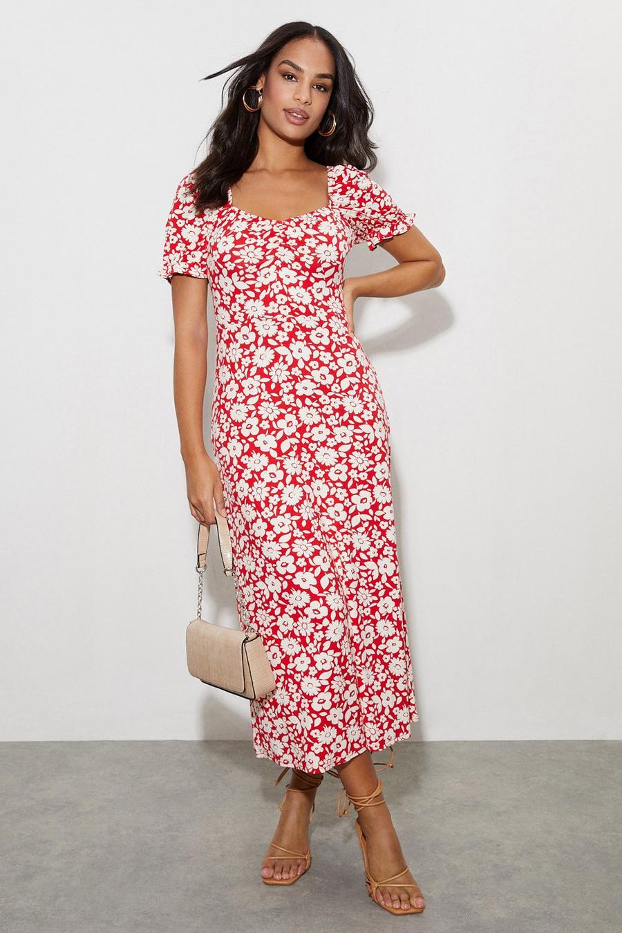 Red Floral Ruched Midi Dress