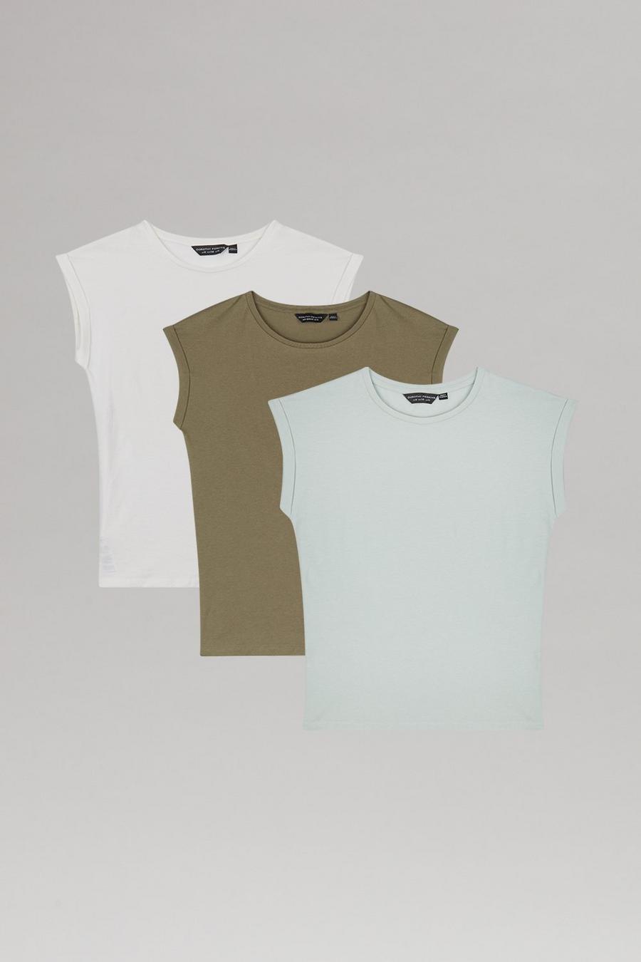 3 Pack Mint & Khaki & White Roll Sleeve T-Shirt
