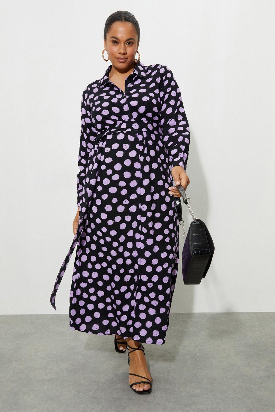 Black Curve Purple Spot Midi Shirt Dress image number 1