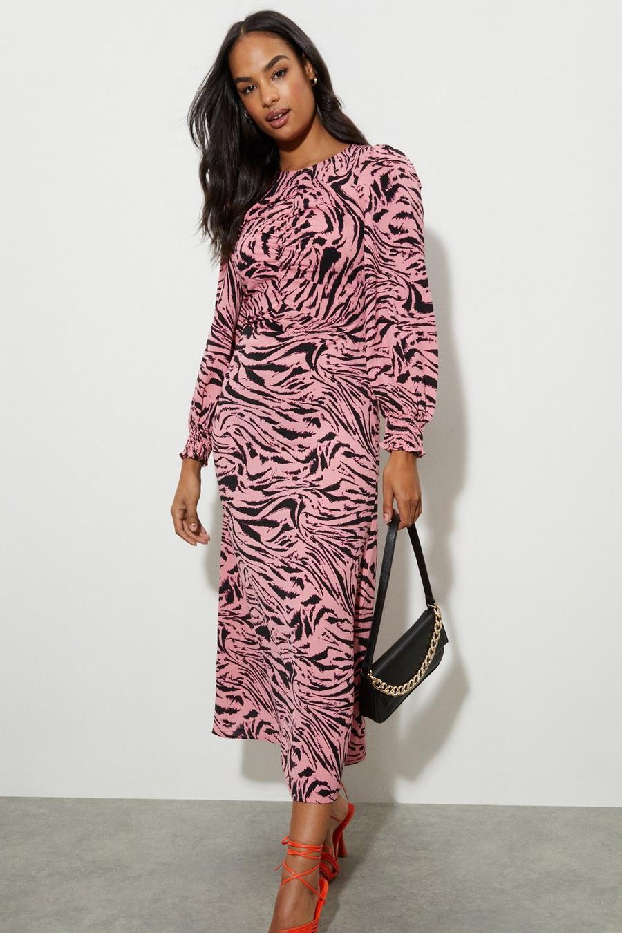 Ava Pink Zebra Ruched Front Midi Dress