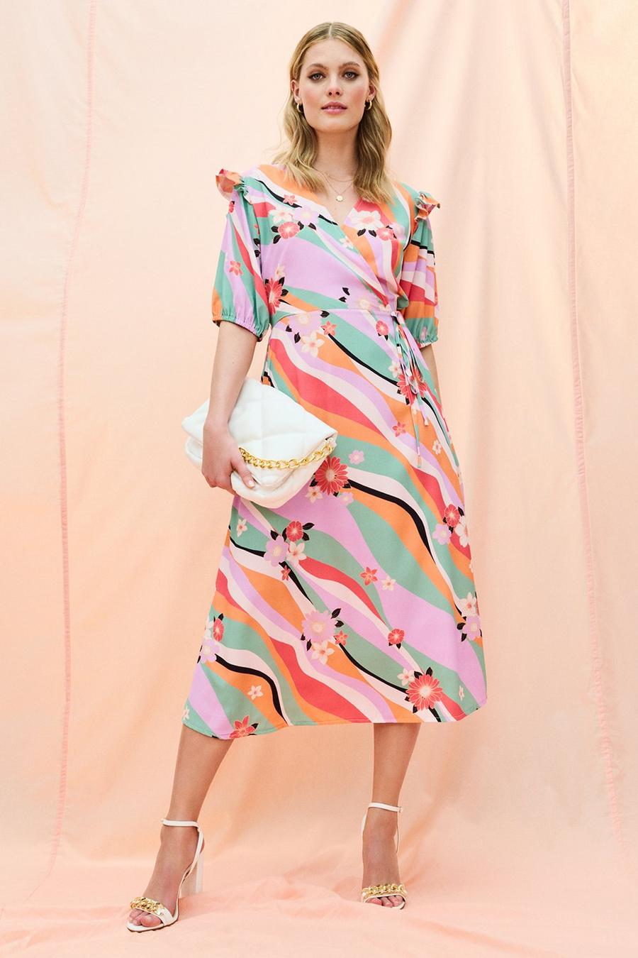 Cassie Floral Wave Print Wrap Midi Dress