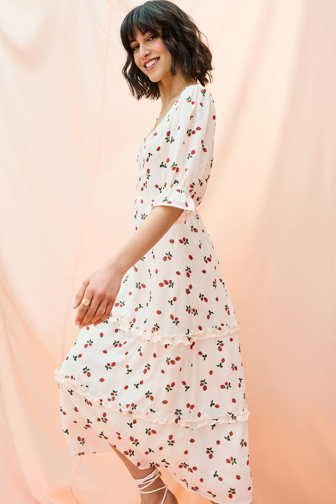 Ivory Delilah Strawberry Print Frill Midi Dress image number 1