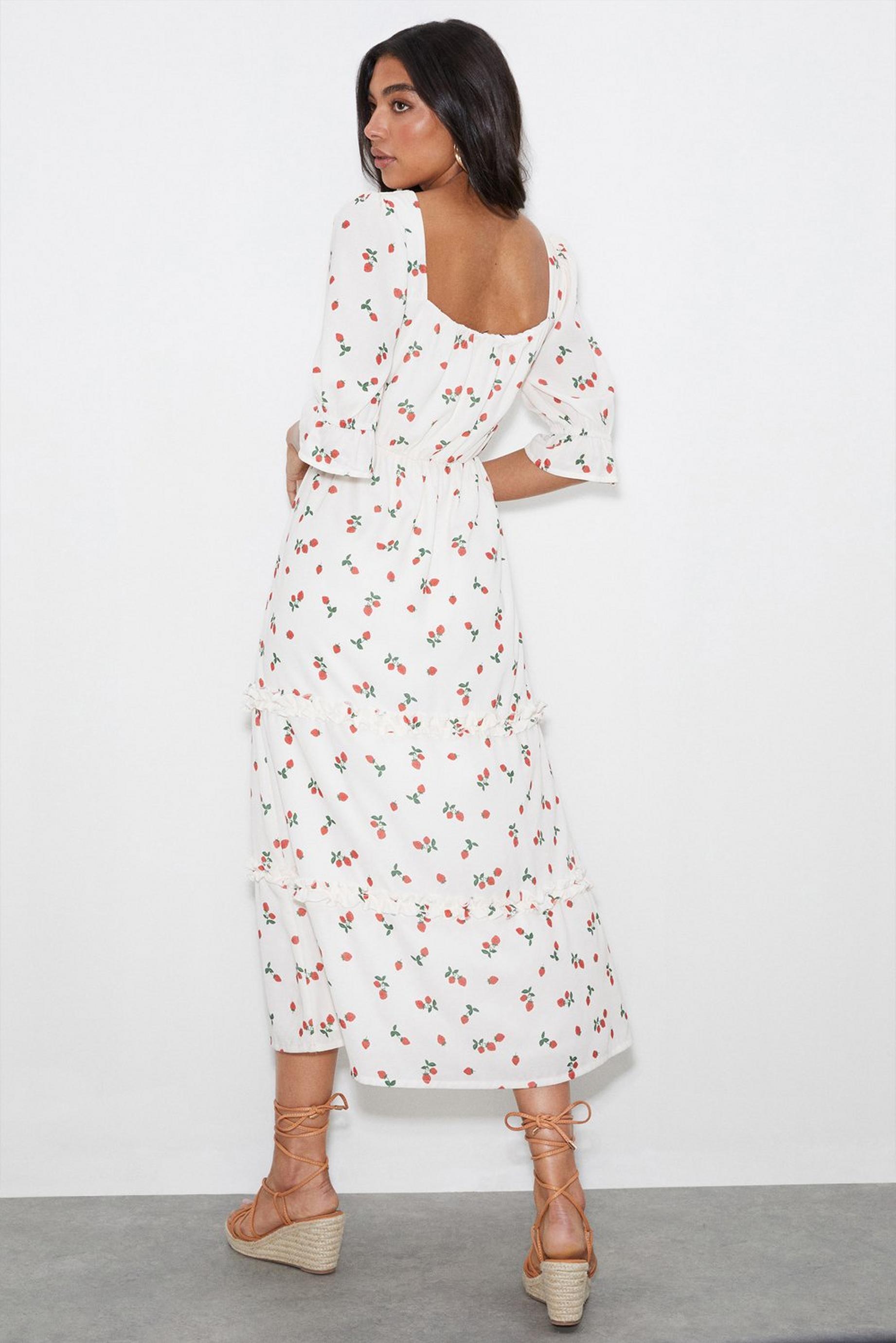 Delilah Strawberry Print Frill Midi Dress