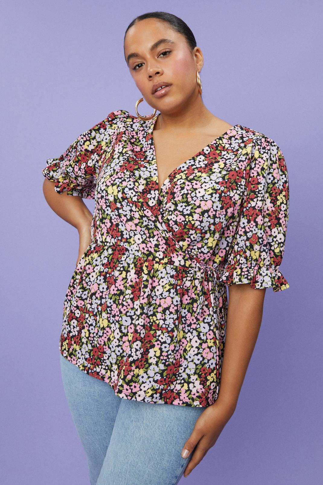 Curve Pink Floral Textured Wrap Top image number 1
