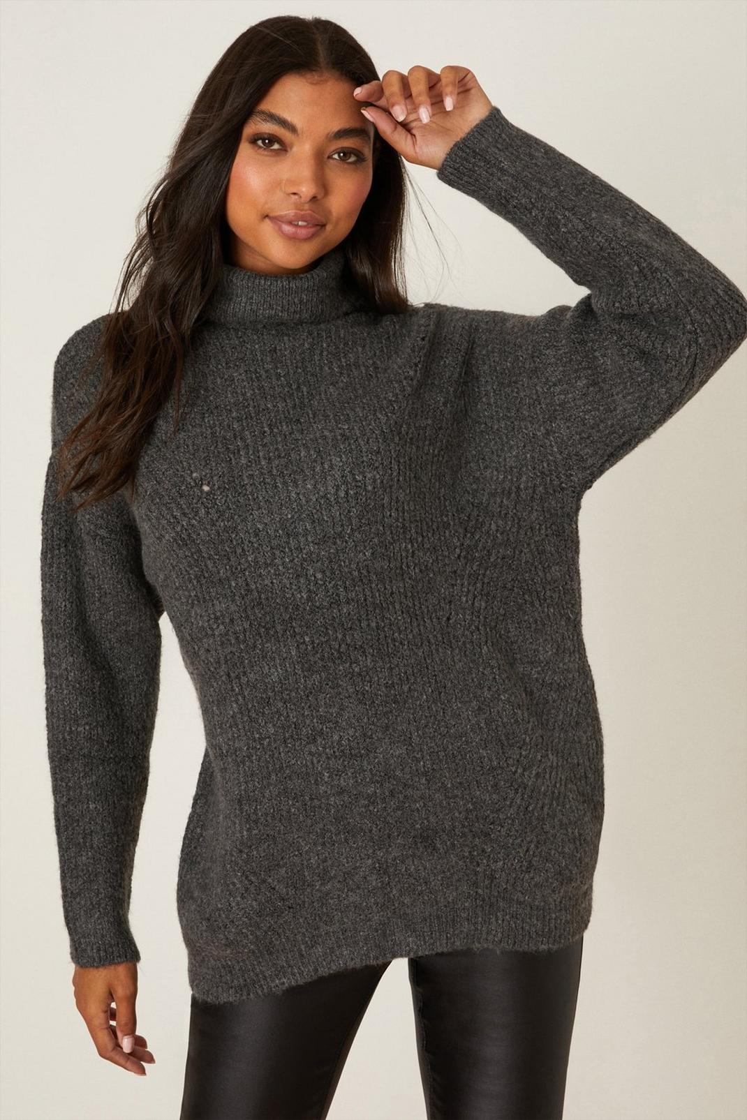 Charcoal Roll Neck Textured Jumper image number 1