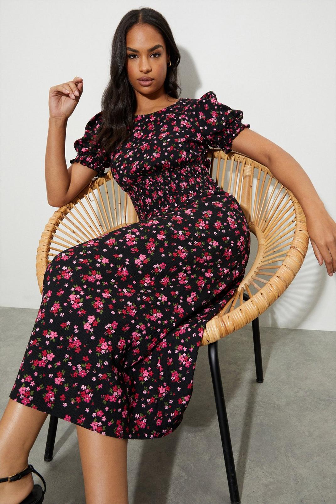 Multi Bright Pink Ditsy Floral Textured Midi Dress image number 1
