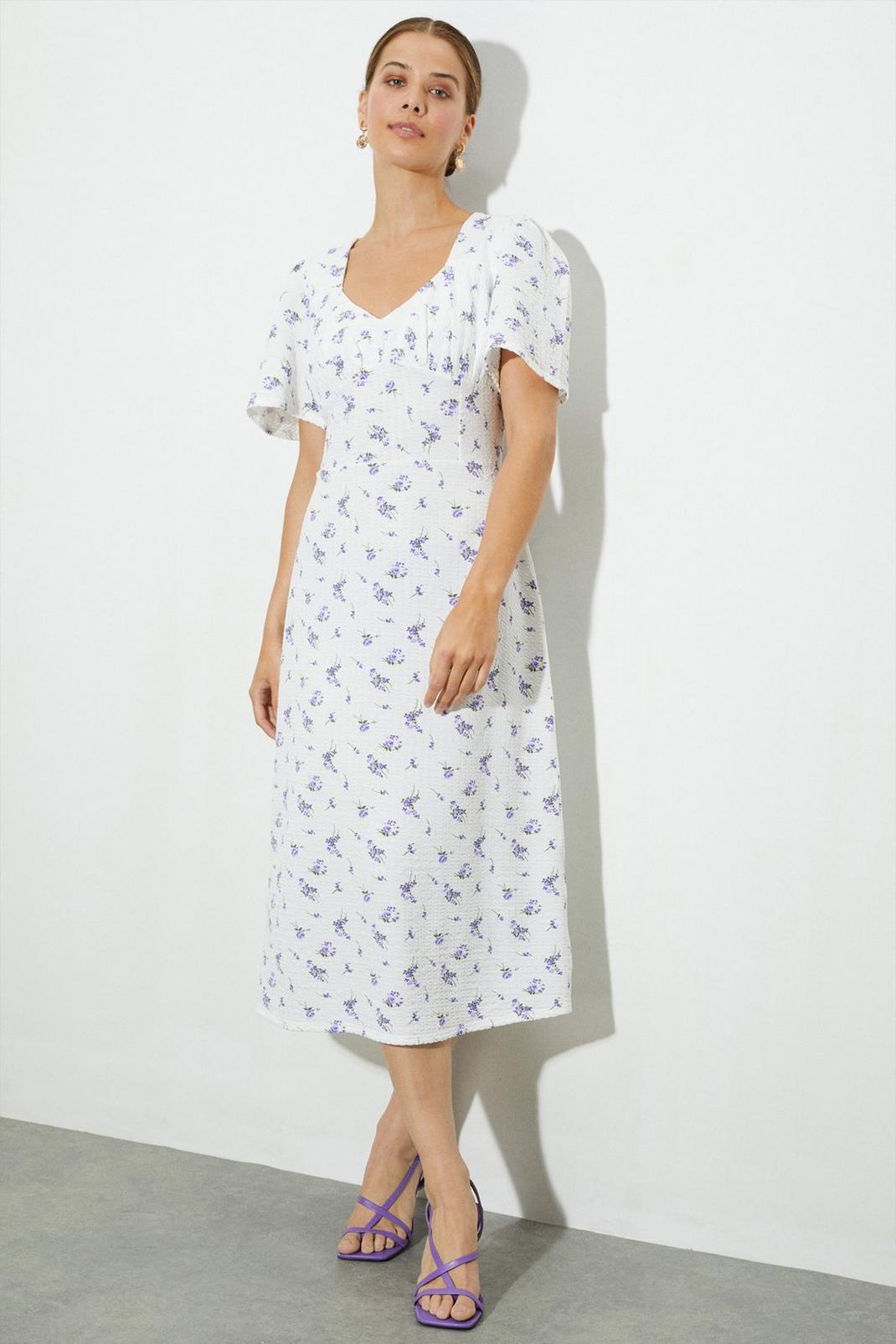 Ivory Lilac Ditsy Flutter Sleeve Midi Dress image number 1