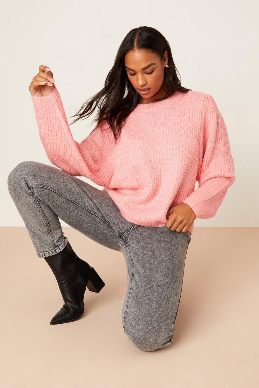 Pink Balloon Sleeve Knitted Jumper