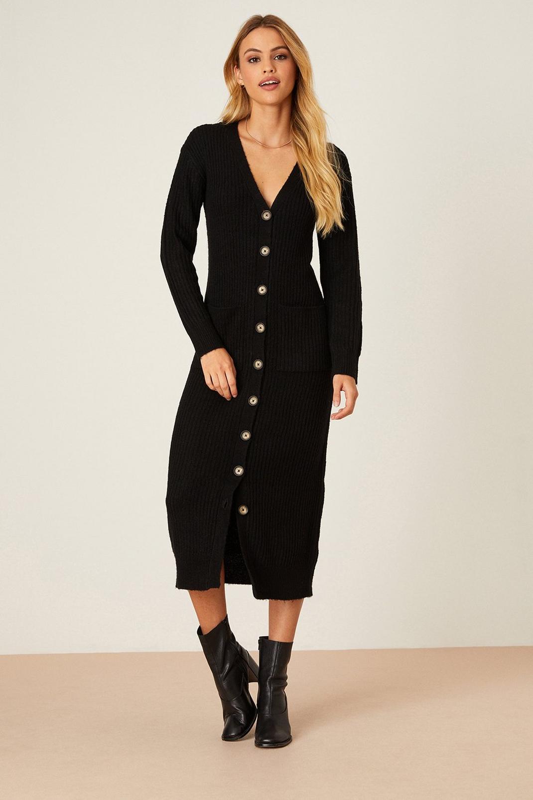 Black Button Through Knitted Midi Dress image number 1