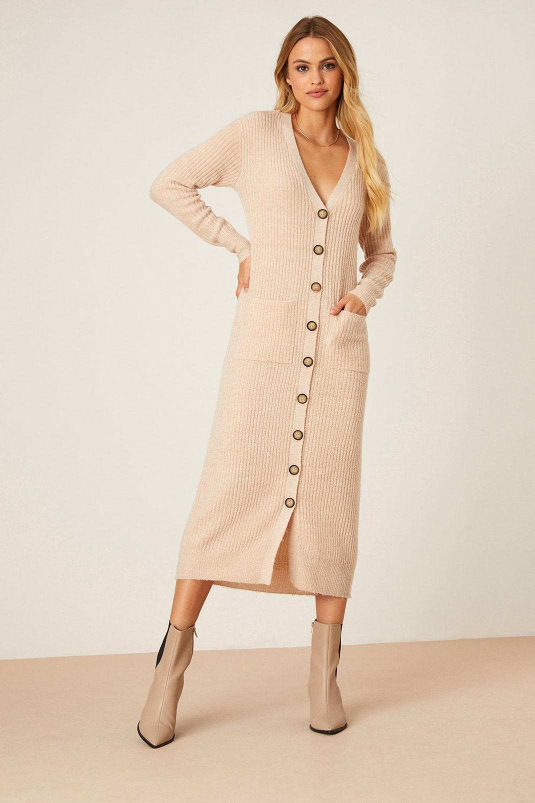 Oatmeal Button Through Knitted Midi Dress image number 1