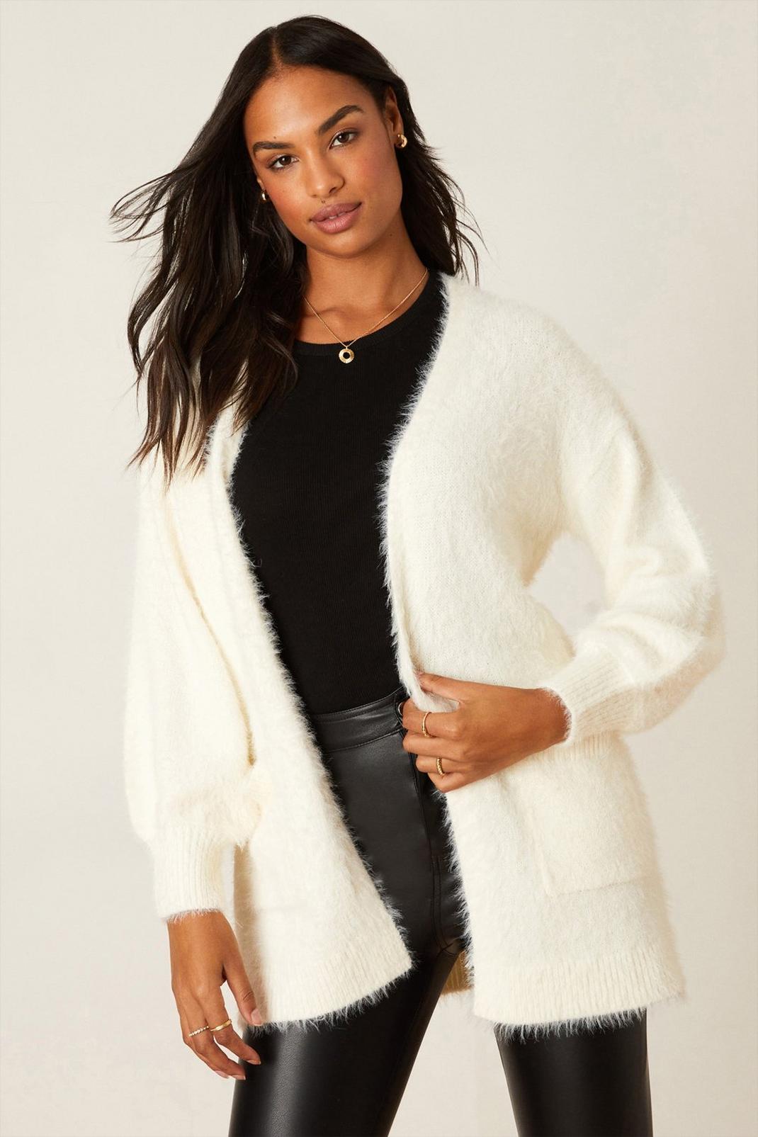 Ivory Fluffy Knit Cardigan With Pockets image number 1