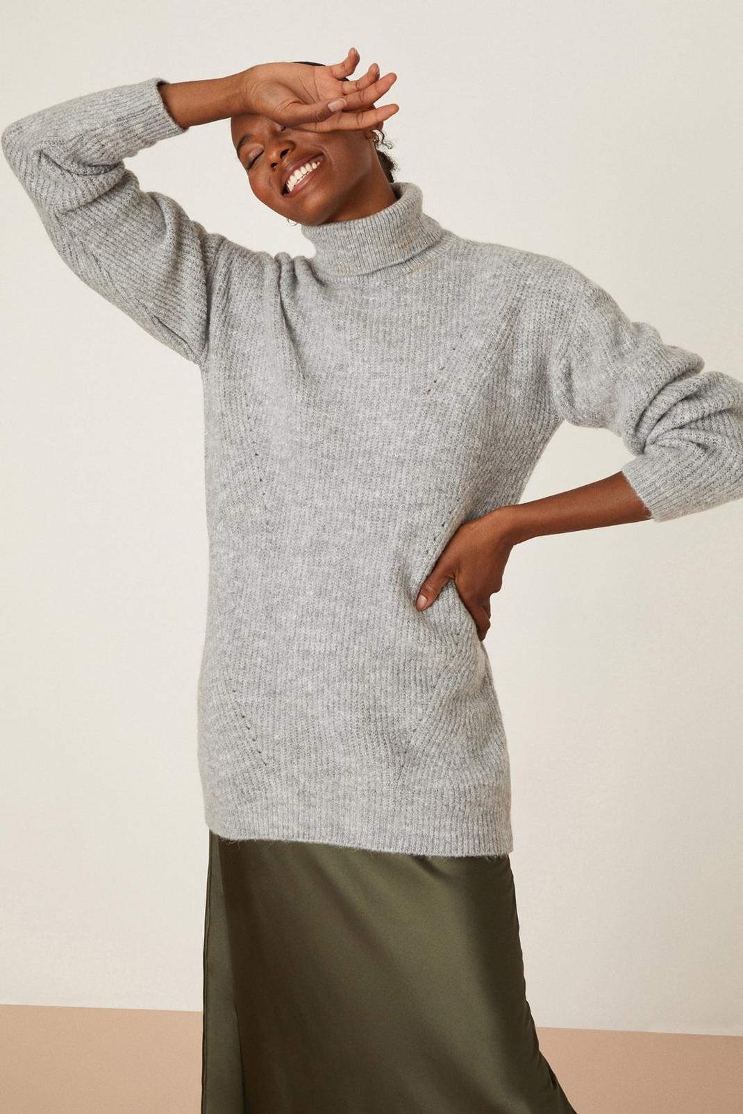 Grey Tall Long Roll Neck Textured Jumper image number 1