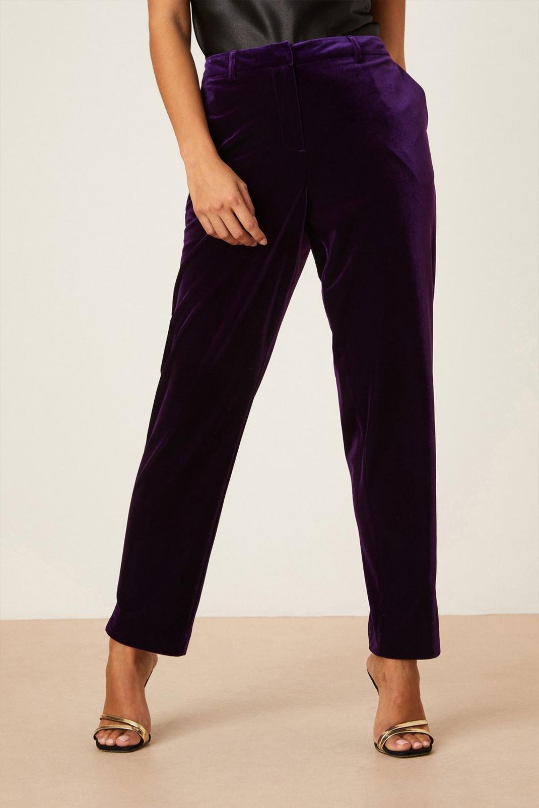 Purple Petite Velvet Slim Leg Trousers image number 1