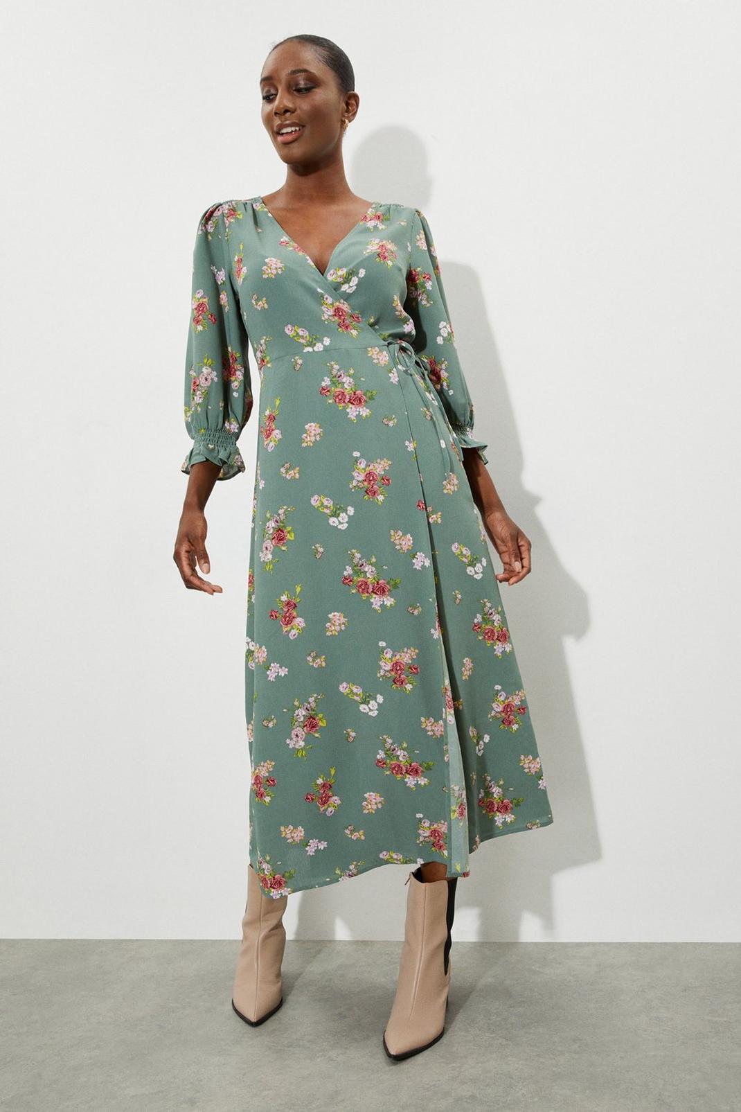 Khaki Floral Print Wrap Midi Dress image number 1
