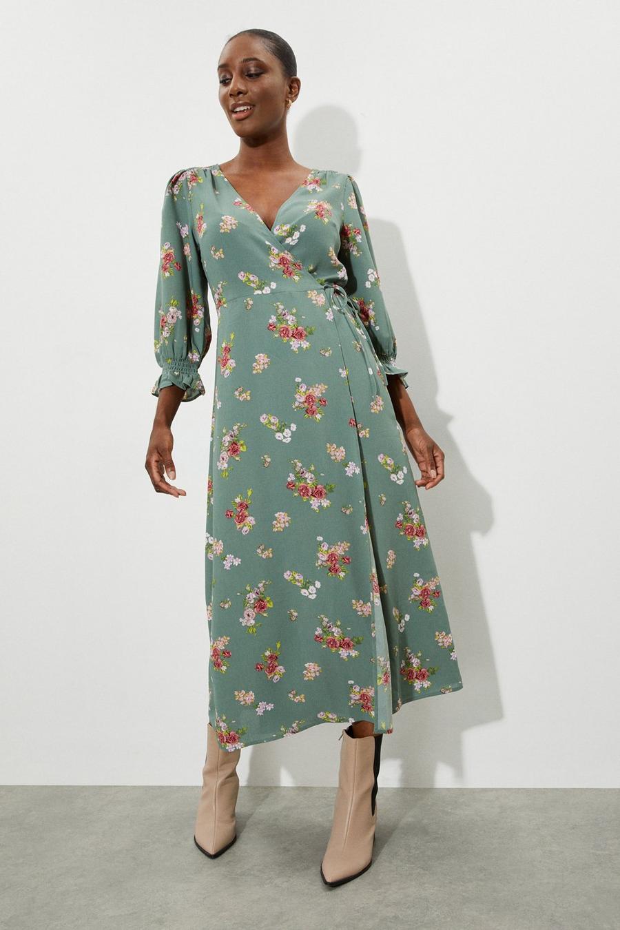 Khaki Floral Print Wrap Midi Dress
