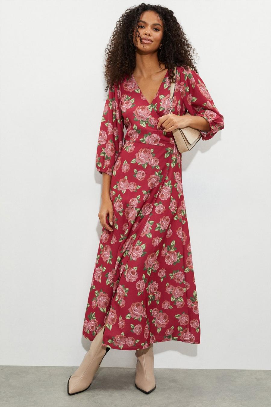 Rose Print Wrap Midi Dress