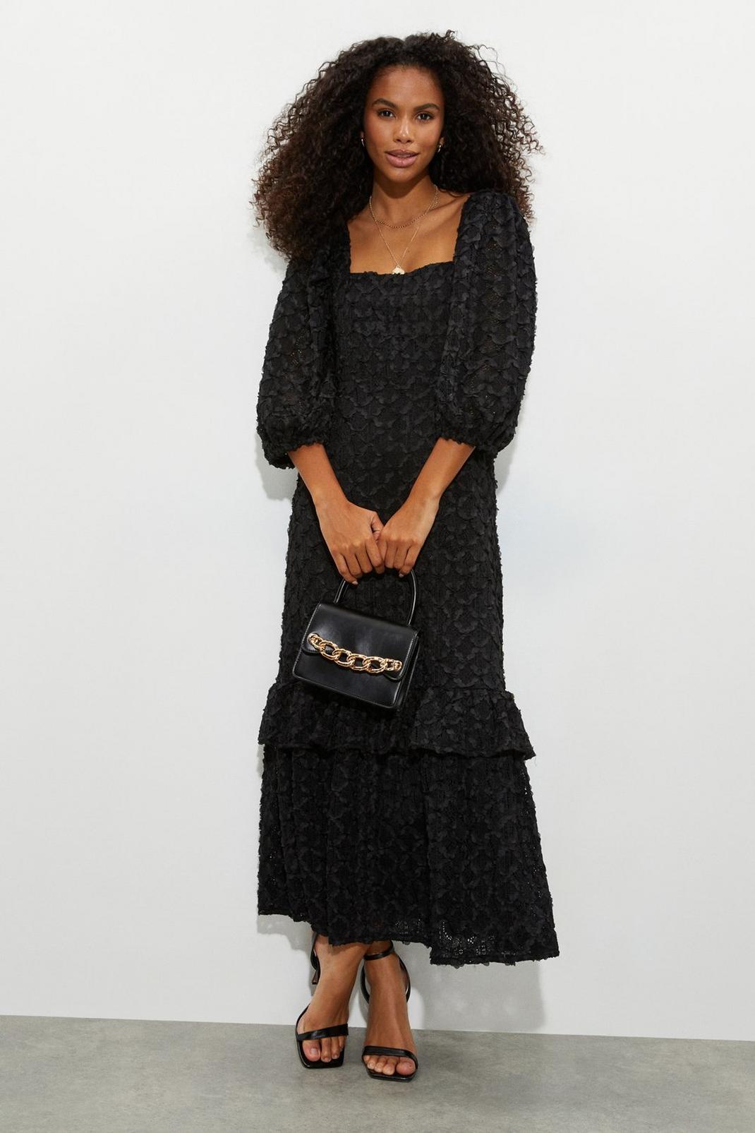 Black Textured Lace Midi Dress image number 1