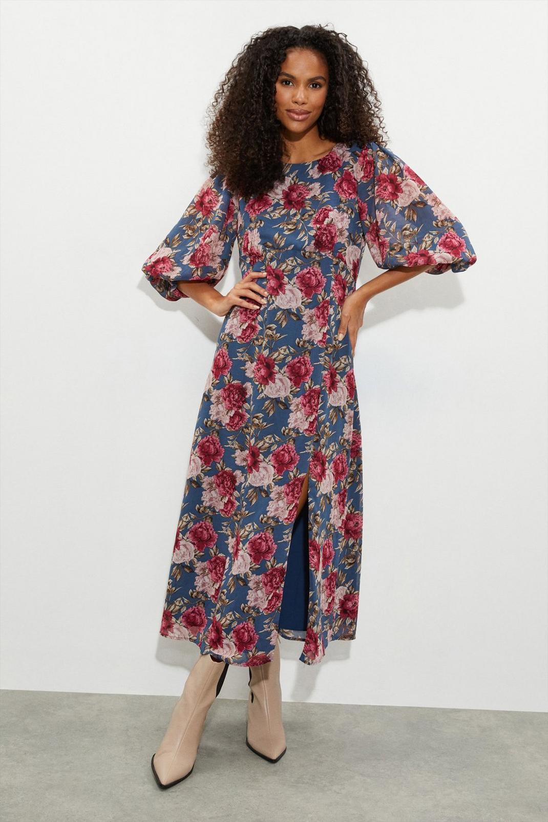 Blue Large Floral Shirred Cuff Midaxi Dress image number 1