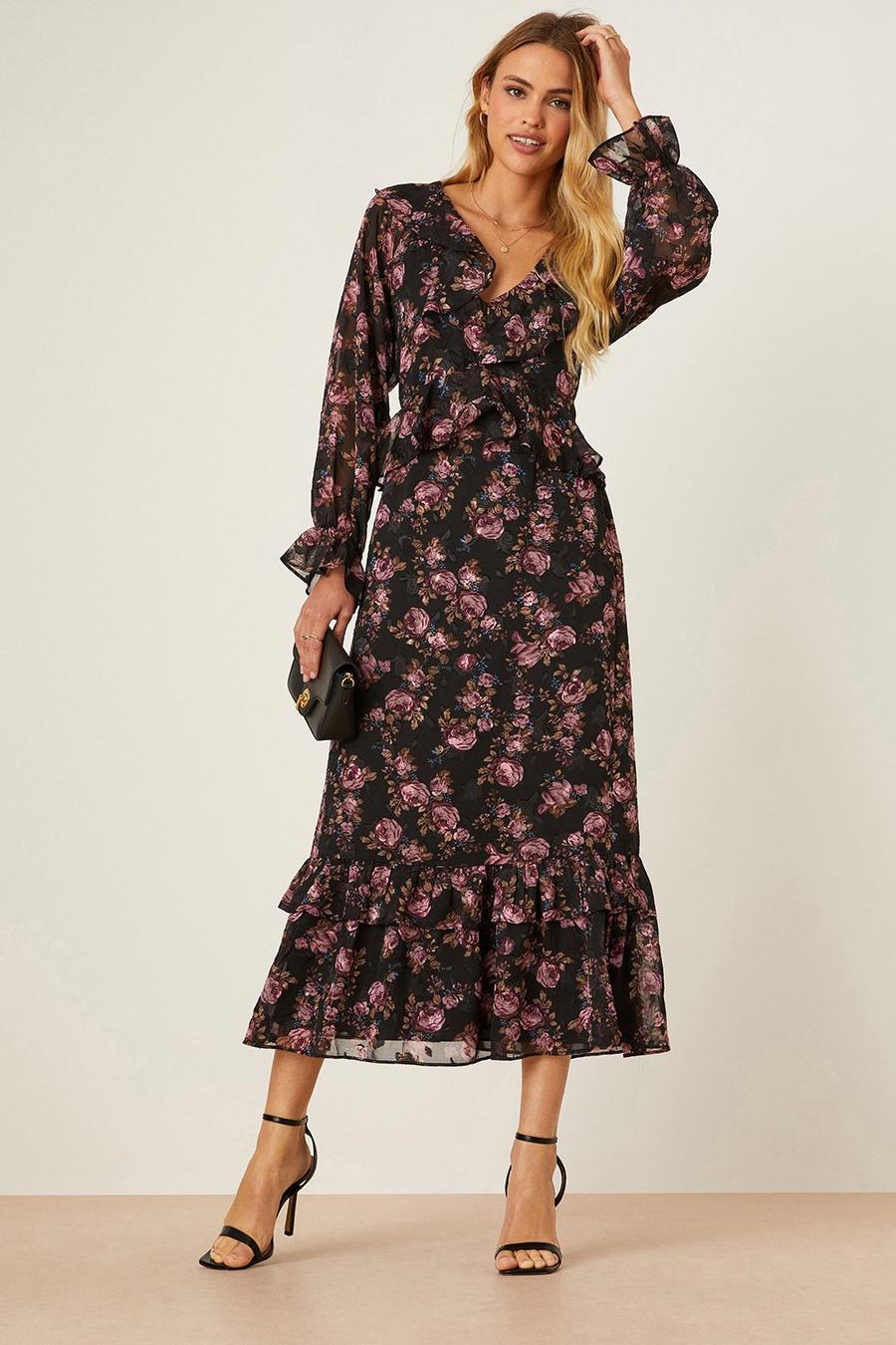 Floral Rose Print Tie Back Ruffle Midaxi Dress