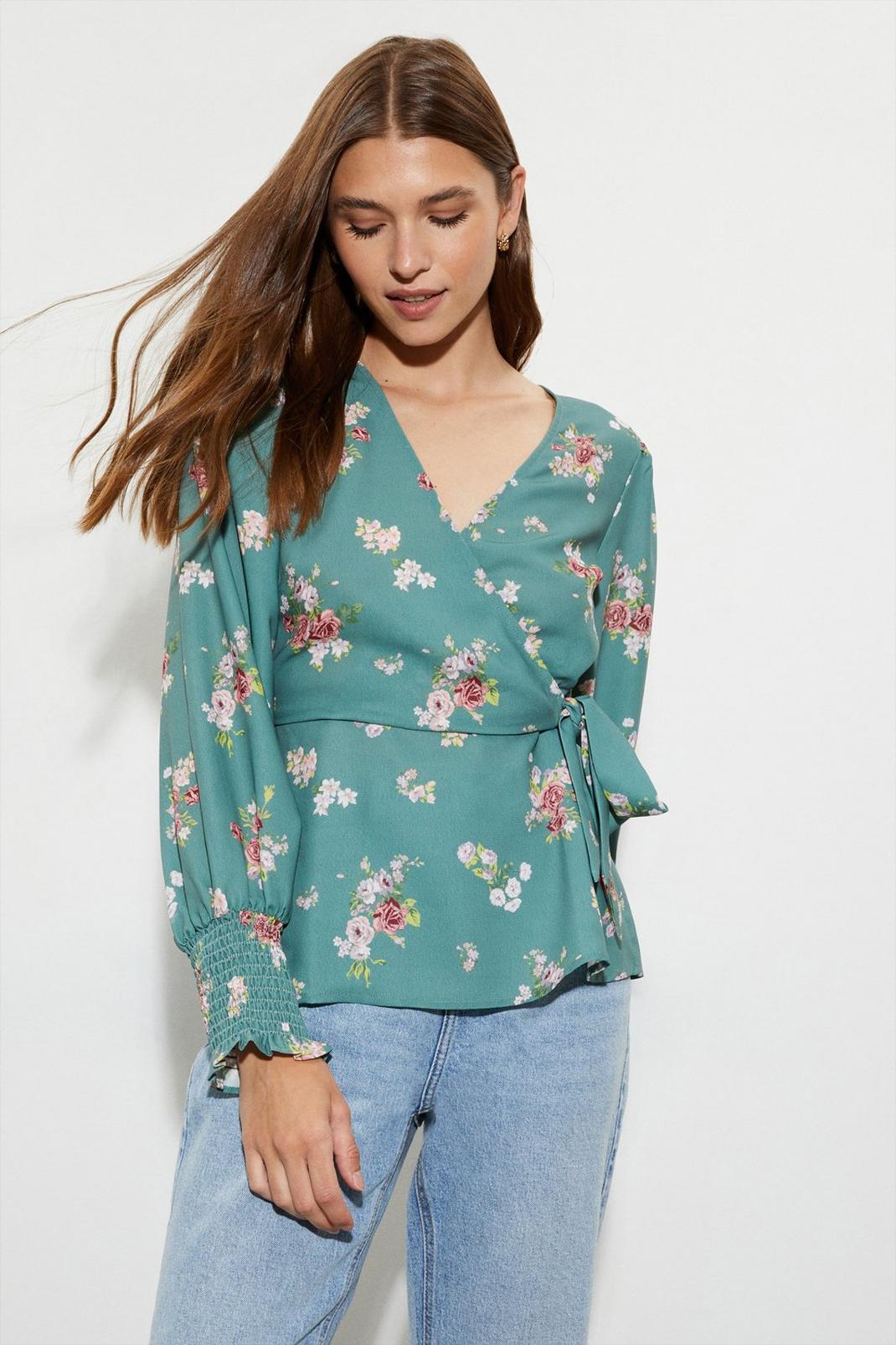 Green Floral Wrap Blouse​ image number 1