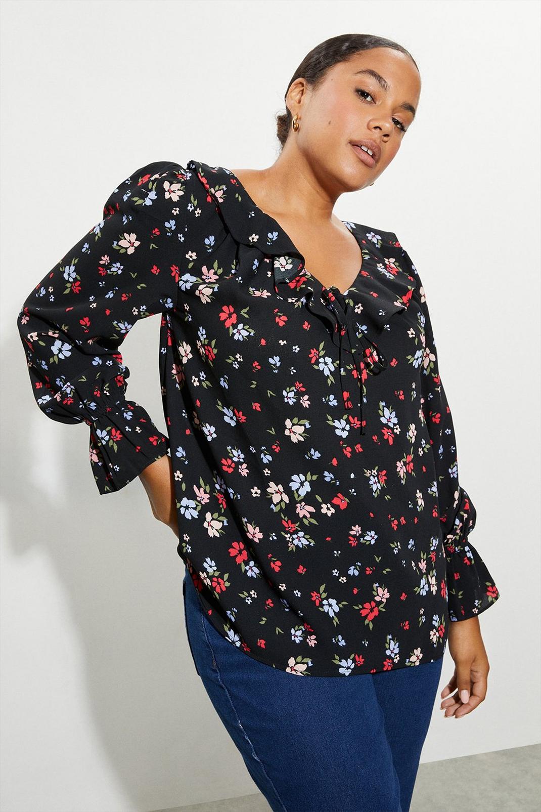 Curve Black Floral Ruffle Front Blouse image number 1