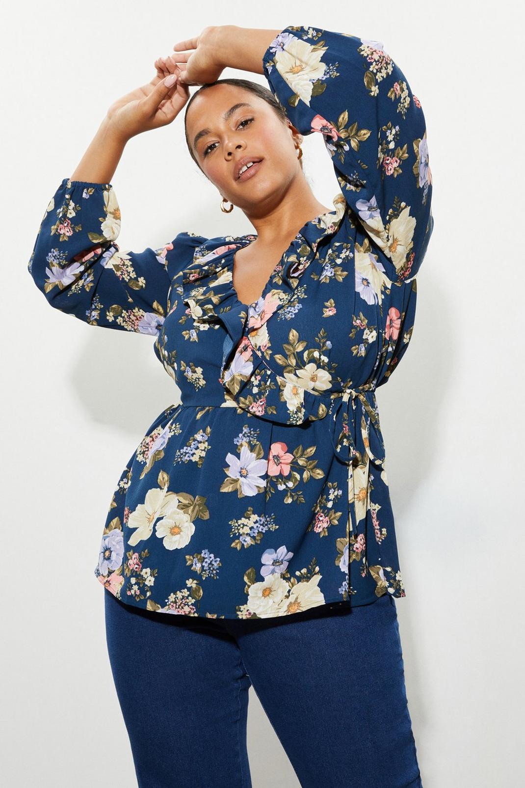 Curve Navy Floral Ruffle Wrap Blouse image number 1
