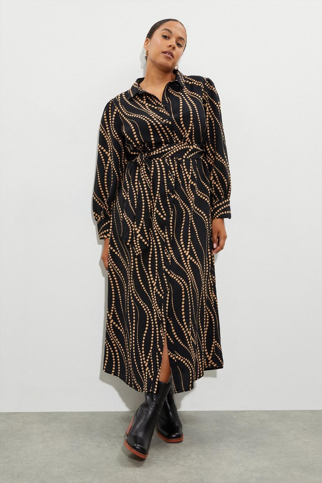 Black Curve Camel Spot Midi Shirt Dress image number 1
