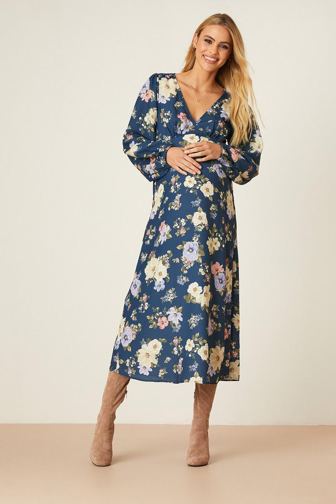 Maternity Navy Floral Midi Dress image number 1