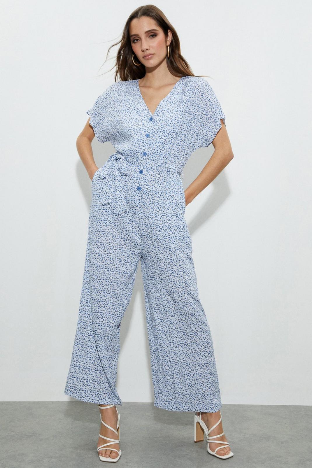 Blue Button Down Ditsy Print Jumpsuit image number 1