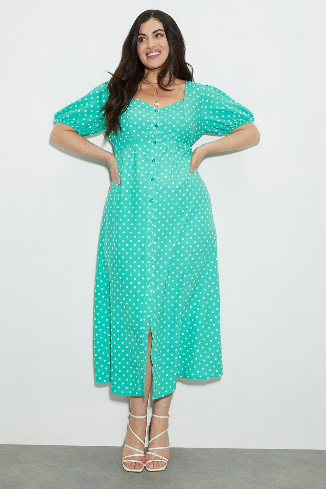 Curve Kitty Green Spot Button Through Midi Dress image number 1