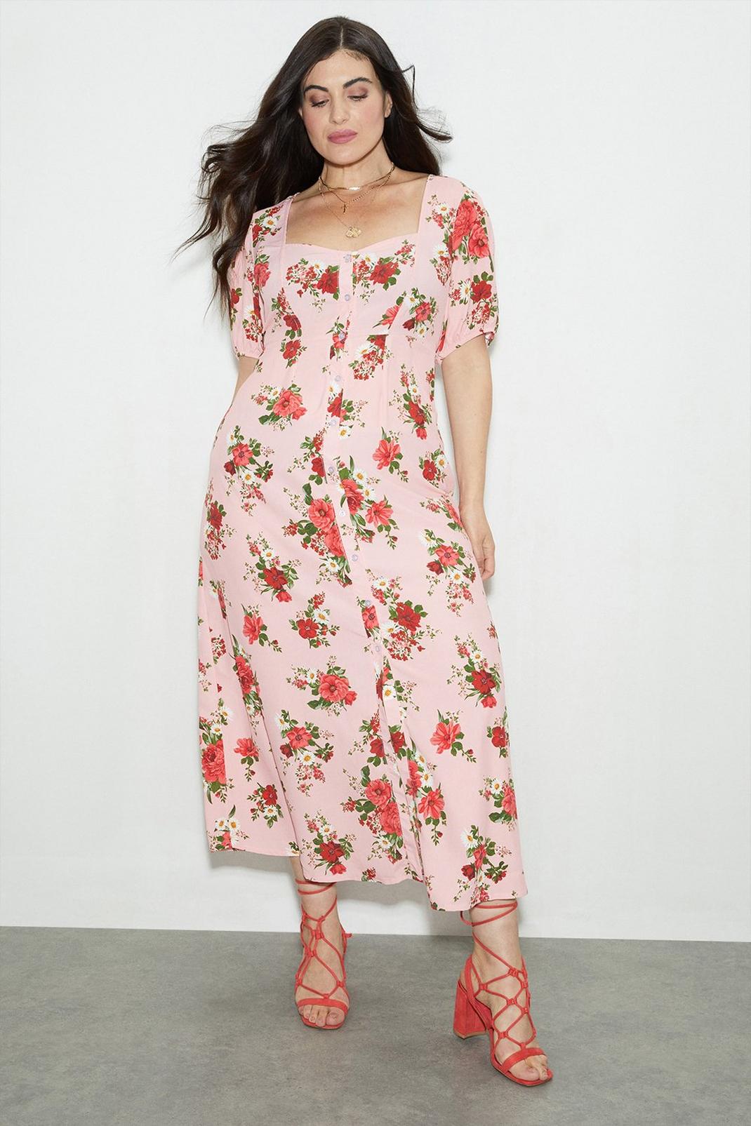 Curve Kitty Pink Floral Button Through Midi Dress image number 1